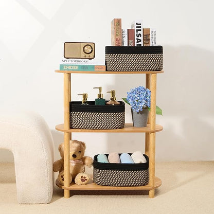 MiniArk Small Storage Baskets for Organizing | Closet Organizer Bins | Shelf Toy Basket | Woven Rope Baskets | Cube Decorative Box | Shallow Basket | 13x8.5x5.1” | 3 Packs Black Brown