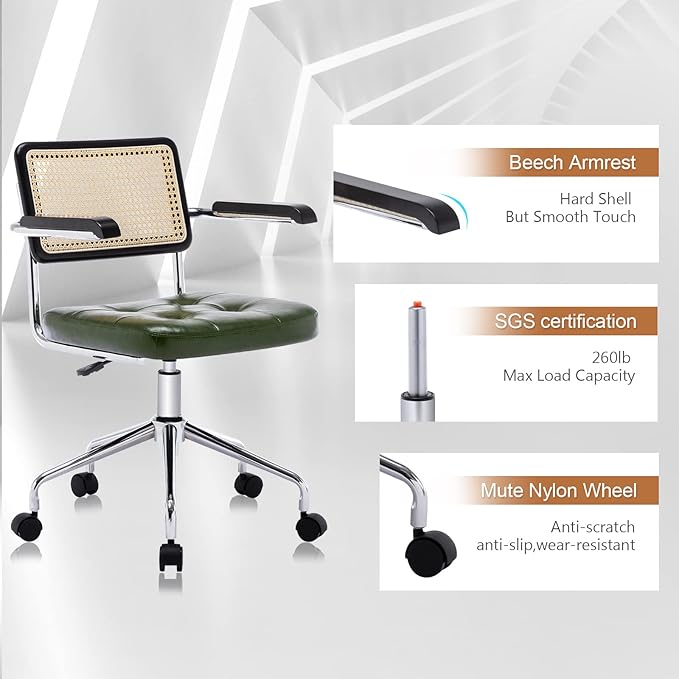 Zesthouse Modern Home Office Chair Leather Desk Chair with Rattan Back, Vanity Chair for Girls Women, Upholstered Tufted Swivel Armchair for Bedroom, Height Adjustable Computer Task Chair