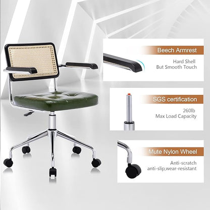 Zesthouse Modern Home Office Chair Leather Desk Chair with Rattan Back, Vanity Chair for Girls Women, Upholstered Tufted Swivel Armchair for Bedroom, Height Adjustable Computer Task Chair