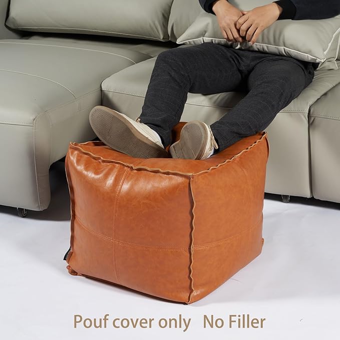 Louis Donné Moroccan Unstuffed Pouf Cover, Faux Leather Poofy Ottoman Footstool For living room Decoration Square Foot Rest for Storage Orange Floor Cushion Footrest 17.7 Inch (Only Cover) (No Filler)