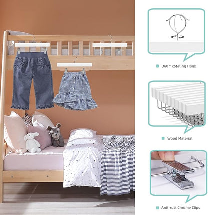 Nature Smile 11.8'' Kids Baby Toddler Children Solid Wooden Pants Hangers,Wood Skirts Hangers,Trousers Bottom Hangers with 2-Adjustable Clips Anti-Rust Hook Pack of 10 (White)