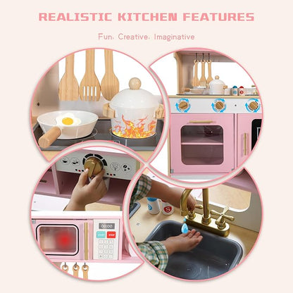 Garsing Play Kitchen Pretend for Kids Toddlers, Double Sided Toy Kitchen and Restaurant with Realistic Features, Wooden Toy Kitchen Sets with Storage and Accessories, Age 3+, Pink
