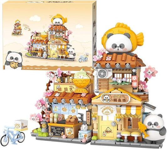 Panda Street Scene Building Kit, Openable Taiyaki Shop Building Set for Boys Girls Age 8+,858pcs Mini Bricks