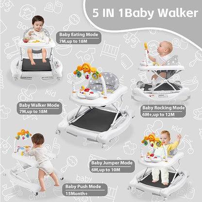 Baby Walker, 5 in 1 Baby Walkers for Boys Girls 6-12 Months, Foldable Walkers for Babies with Bouncer & Feeding Tray, Music, Adjustable Heights, Activity Walker for Infant