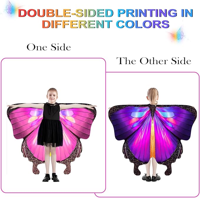 Butterfly Wings For Girls, Double-Sided Fairy Wings, Halloween Costumes for Kids, 3PCS Butterfly Cape Set.