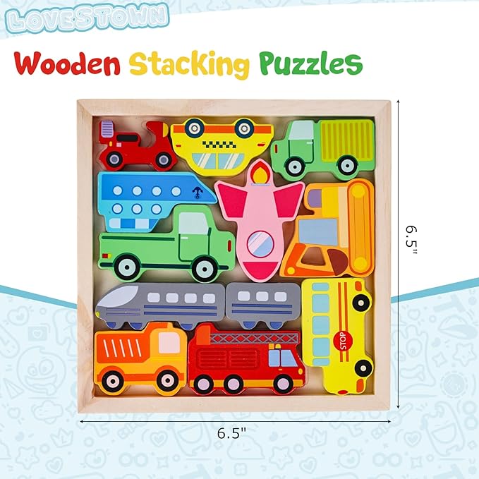 LovesTown 12PCS Stacking Puzzles, Wooden Chunky Jigsaw Puzzles Vehicle Educational Toy for Birthday