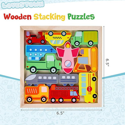 LovesTown 12PCS Stacking Puzzles, Wooden Chunky Jigsaw Puzzles Vehicle Educational Toy for Birthday