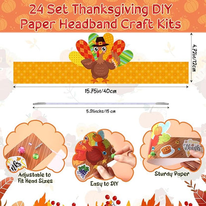 24 Set Thanksgiving Turkey Arts Crafts Kits DIY Thanksgiving Craft Headband Turkey Paper Hat with Pumpkin Fall Leaf Turkey Stickers Gems Eyes Sheets for Thankful Activities Crafts Supplies