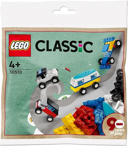 LEGO Classic 30510 90 Years of Cars 71 Piece Iconic Cars Toy Set Polybag with 4 Mini Build Cars for Builders Aged 4 and Up, Multicolor