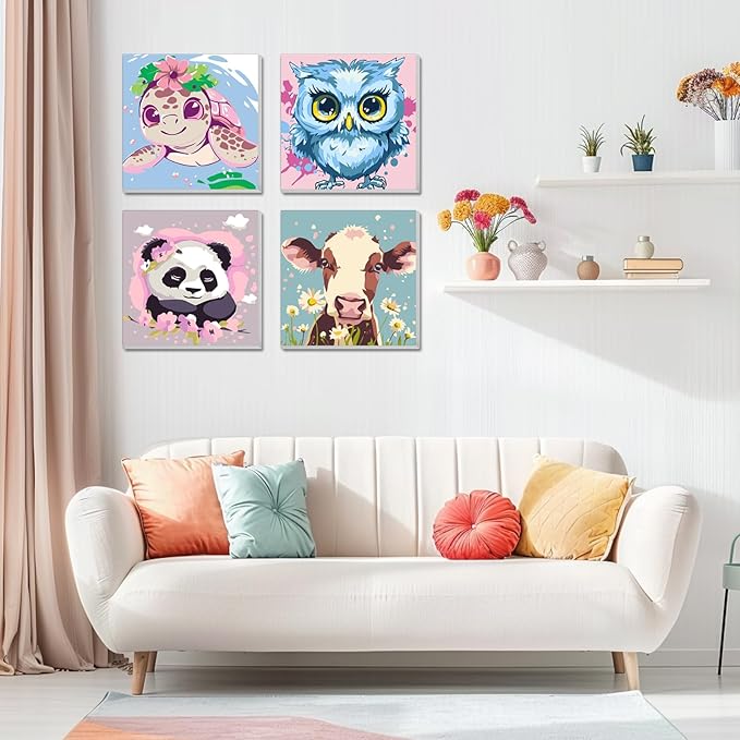 4pc Animal Paint by Numbers Kit for Kids Beginner Paint by Number Kits Age 4-8 Painting Kits for Kids Ages 8-12 Girls Framed Canvas Paint by Number Animals Drawing Kit Color by Number Kids 8x8 Inch
