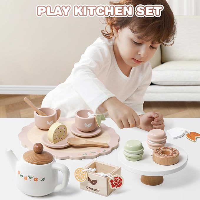 Dorjee Wooden Tea Set for Little Girls, Wooden Toys Toddler Tea Set Play Kitchen Accessories for Kids Tea Party with Play Food for Kid Age 3+ Gift