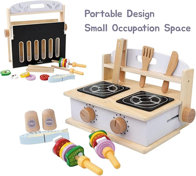 Children's Wooden Foldable Portable BBQ Mini Kitchen & Grill Toy,2In1 Kids Toy Grill Stove and Tablekitchen Cooking Set with Accessories for Toddlers Boys Girls Age 3+