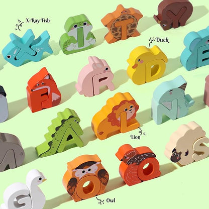 BESTAMTOY 52 Pieces Matching Game, Wooden Alphabet Animal Puzzles for Toddlers, ABC Peg Puzzles for Kids Ages 3-5, Preschool Learning Activities Toys