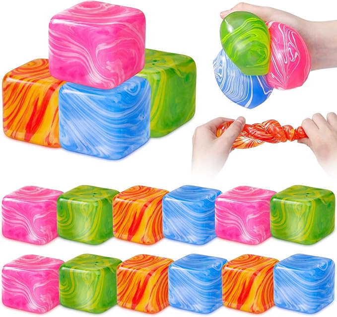16 Pcs Fidget Stress Cube Bulk Ice Cube Stress Ball Anxiety Relief Soft Squeeze Sensory Ball for Party Favors Prizes Goodie Bag Stuffers (Pink,Blue,Green,Orange)