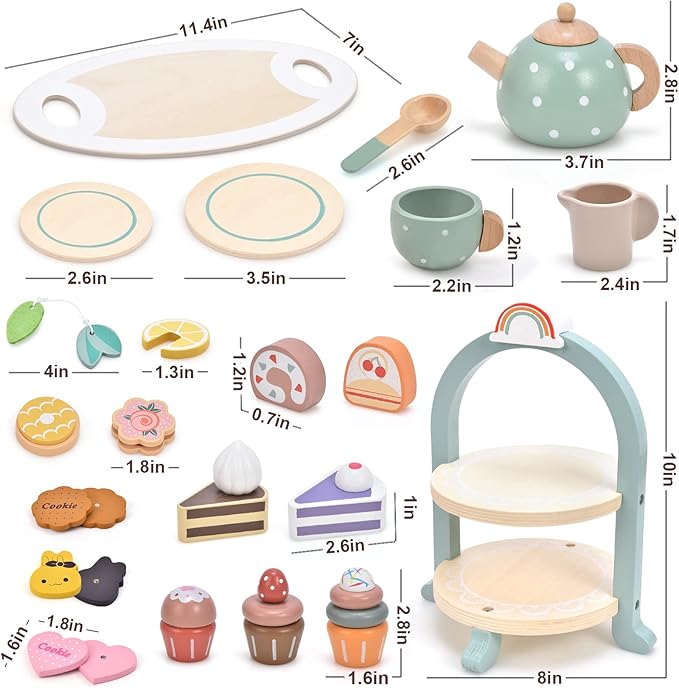 Atoylink Wooden Tea Party Set for Little Girls 28 Pcs Toddler Tea Set with Cupcake Stand & Food Pretend Play Accessories Kids Kitchen Playset Wooden Toys for 2 3 4 5 6 Year Old Girl Birthday Gift