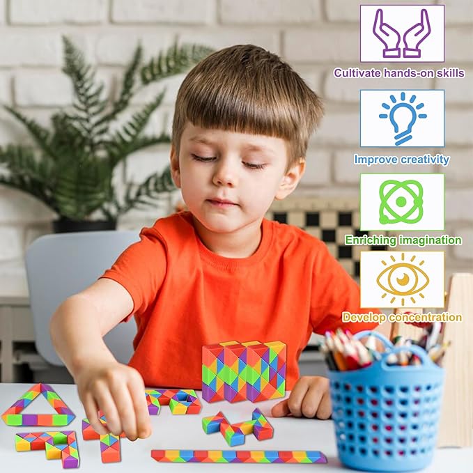 GOLDGE 15 Pack Mini Fidget Snake Cube Puzzle Toys - Party Favors & Goodie Bag Fillers, Travel Toys for Kids Ages 4-8, Rainbow Colors - Bulk Birthday & Back to School Gifts - Stocking Stuffers