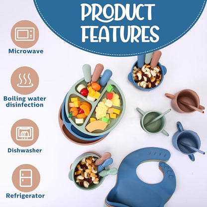 24 Pack Silicone Baby Feeding Set Baby LED Weaning Supplies Includes Suction Divided Plates Soft Bowl Spoons Forks Adjustable Bib Snack Cup and Straws(Dark Green, Dark Blue, Walnut Color)