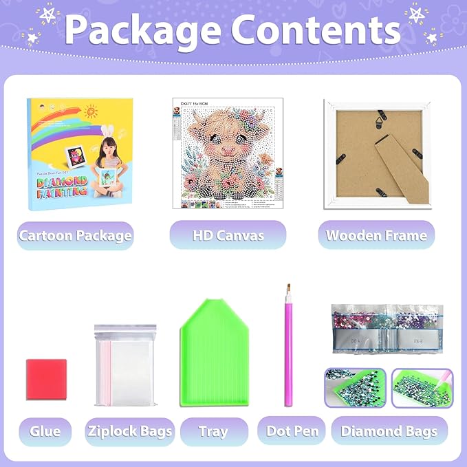 hkejoi Highland Cow Diamond Painting Kits for Kids with Frame- Highland Cow Diamond Art Kits, Animal Big Gem Diamond Painting Arts and Crafts Painting Kit for Gift Home Wall Decor 7x7inch