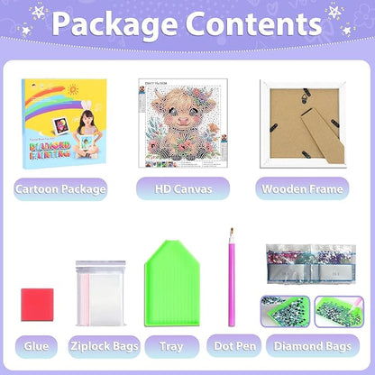 hkejoi Highland Cow Diamond Painting Kits for Kids with Frame- Highland Cow Diamond Art Kits, Animal Big Gem Diamond Painting Arts and Crafts Painting Kit for Gift Home Wall Decor 7x7inch