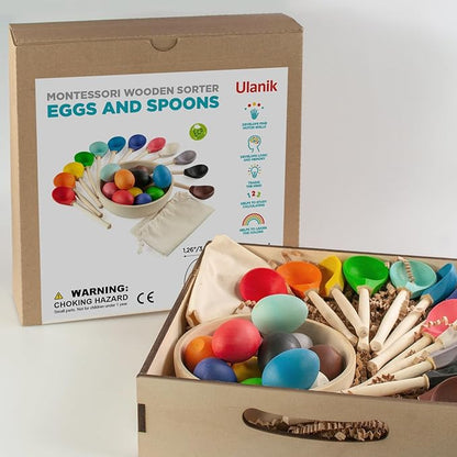 Ulanik Eggs and Spoons Toddler Montessori Toys for 1 Year Old + Kids Wooden Eggs Baby Matching Game for Learning Color Sorting and Counting — 12 pcs, 1.8 in