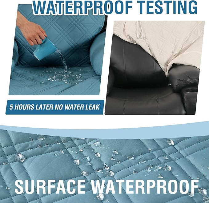 H.VERSAILTEX 100% Waterproof Recliner Chair Cover Non-Slip Sofa Slipcover with Elastic Straps for Pets, Dogs Furniture Protector for Electric Power Lift Recliner Washable with Pocket,Smoke Blue/Beige