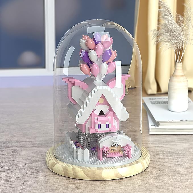 House Building Blocks Kit Toys Set, Miniature1493 Pcs Micro Bricks Collectible Creative Teen Girl Gifts Age 14 and Up, Dust Cover, and Wooden Base Up Balloon Castle Toys DIY Decoration Home