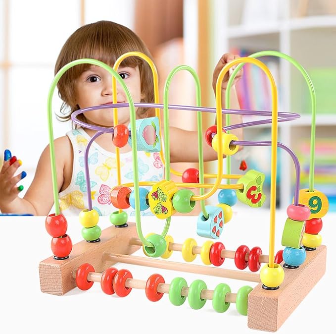 QZMTOY Wooden Toys for Toddlers, Bead Maze Toy for Toddlers with Colorful Animals Fruits Shapes, Educational Counting Learning Circle Toys for Kids, Classic Gifts for Boys Girls Baby