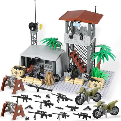 Finger Rock Military Base Building Block Set, WW2 Army Mini War Accessories Kits, Military Ruins Guard Tower Base Guns Army Supplies Block Toy for Kids 8 10 12 14