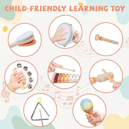 Baby Musical Instruments Set - Montessori Wooden 18 Month Old Baby Musical Toys, Toddler Percussion Instruments Xylophone Maracas Tambourine for Toddlers 1-3, 1 2 3 Year Old Girls Boys Birthday Gifts