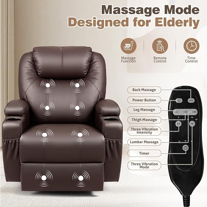 Recliner Chair, 360° Swivel Rocker Chair for Adults, Rocking Recliner Chair with Massage, Comfy Single Sofa with Side Pockets Cup Holders for Living Room, Bedroom, Nursery (Leather, Dark Brown)