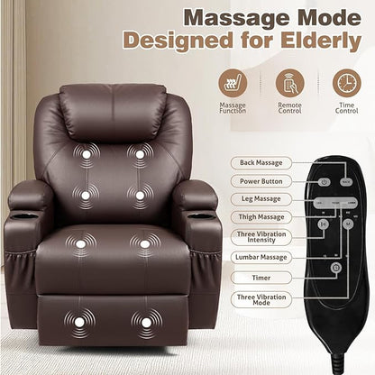 Recliner Chair, 360° Swivel Rocker Chair for Adults, Rocking Recliner Chair with Massage, Comfy Single Sofa with Side Pockets Cup Holders for Living Room, Bedroom, Nursery (Leather, Dark Brown)