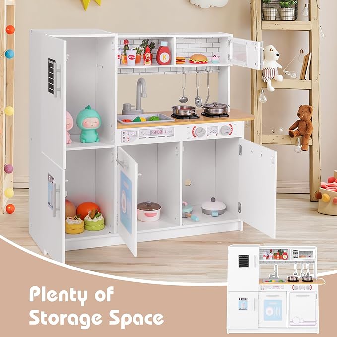 Costzon Play Kitchen for Kids, Wooden Toy Kitchen Set with Blackboard, Faucet, Sink, Oven, Microwave, Dishwasher, Accessories, Pretend Cooking Toy for Toddlers, Kids Kitchen Playset, Gift for Ages 3+