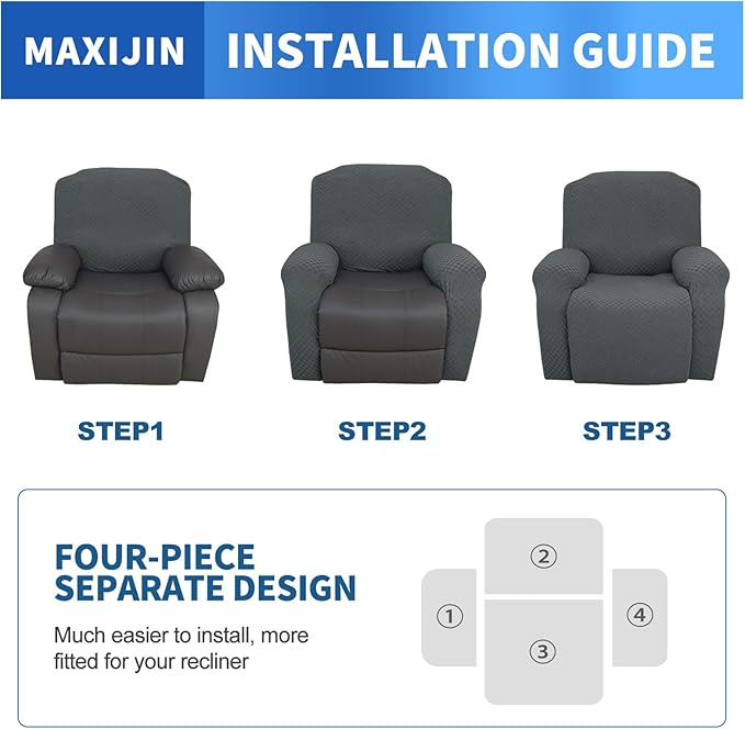 MAXIJIN Oversized Recliner Covers That Stay in Place 4 Pieces Stretch Large Recliner Chair Covers Jacquard Dogs Cats Proof Reclining Slipcovers with Elastic Bottom (XL Recliner, Dark Gray)