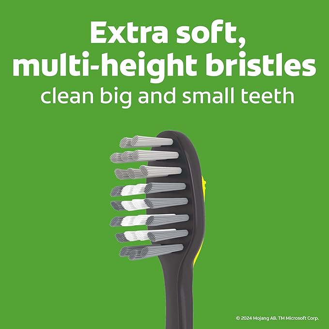 Colgate Kids Minecraft Toothbrush Pack, Extra Soft Toothbrushes for Kids, Includes Built-in Suction Cups for Easy Upright Storage, for Kids with Baby Teeth and Adult Teeth, 2 Count