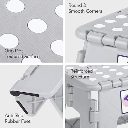 Delxo Folding Step Stool, 13 inch Non-Slip Foldable Stools for Kids & Adults Up to 300 LBS, Step Stool with Handle, Lightweight for Kitchen, Bathroom, Bedroom, Garden, Grey, 1PC