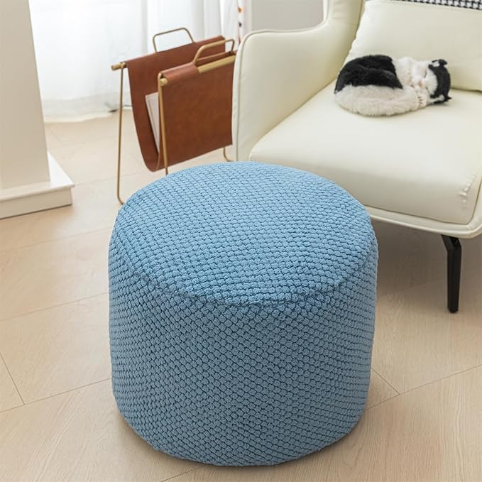 Sturdy Boucle Pouf Ottoman Foot Rest Nice Living Room Decor Lightweight Ottoman Pouf Filler Comfort Pouf Cover Modern Foam Stuffed Poof Ottoman Perfect to Rest Your Feet No Need Assemble Blue