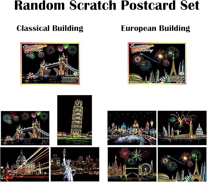 Georgie Porgy Scratch Paper Art A4 Set for Kids Adults Magic Rainbow Scratch Postcards Boards for DIY Arts and Crafts Kits Christmas Birthday Gift with Scratching Tools Kit (Beauty+Fireworks City)