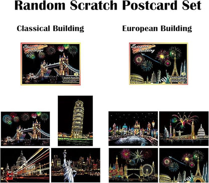 Georgie Porgy Scratch Paper Art A4 Set for Kids Adults Magic Rainbow Scratch Postcards Boards for DIY Arts and Crafts Kits Christmas Birthday Gift with Scratching Tools Kit (Beauty+Fireworks City)