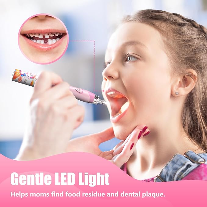 Kids Electric Toothbrush Toddler Toothbrush Age 2-4-8-12 Electric Toothbrush Kids with Timer Rainbow LED Light Up Vibrating Toothbrush Battery Operated Childrens Sonic Tooth Brush (Pink Unicorn)