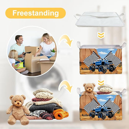 Excavator Foldable Storage Basket with Handle, Waterproof Organizer for Toys and Clothes, Excavator Portable Box for Nursery Game Room, Gifts Container for Boys Girls, Toy Storage Box for Party Decor