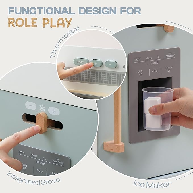 ROBOTIME Play Kitchen for Toddlers, Wooden Kids Play Kitchen Playset with Real Lights & Sounds/Ice Cube Dispenser, Pretend Play Montessori Toy Kitchen, Gift for Ages 3+ (Blue)