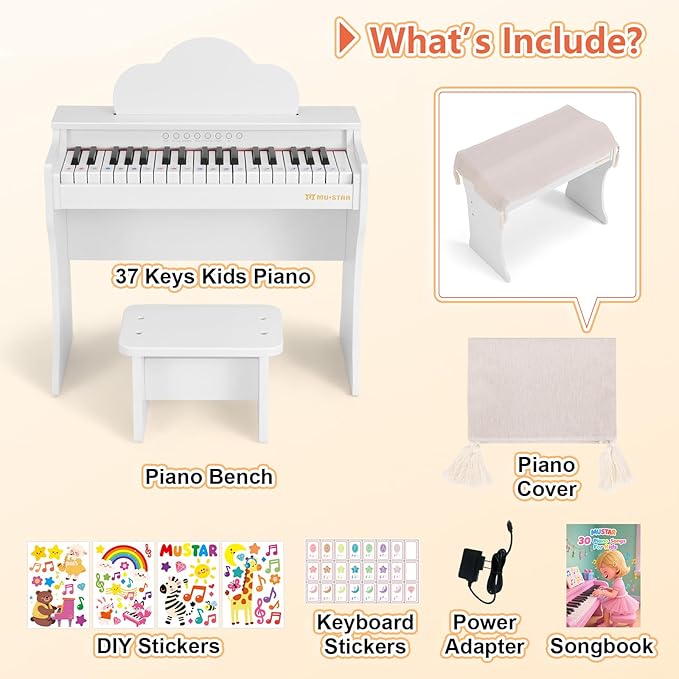 37 Keys Kids Keyboard Piano, Kids Piano Wooden Toy With Stool, DIY Stickers, Song Book, Cover, Education Musical Instruments for Girls&Boys Ages 3+