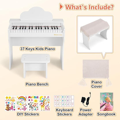 37 Keys Kids Keyboard Piano, Kids Piano Wooden Toy With Stool, DIY Stickers, Song Book, Cover, Education Musical Instruments for Girls&Boys Ages 3+