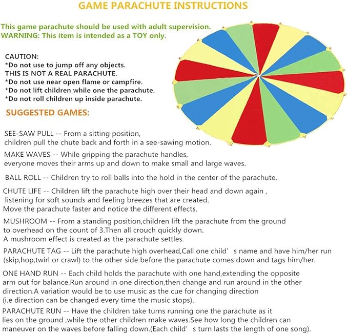 Sonyabecca Parachute, Play Parachute 24ft with 16 Handles for Kids Cooperation Group Play