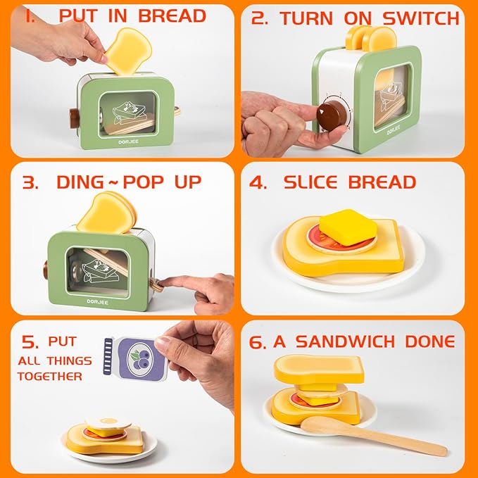 Dorjee Wooden Pop Up Toaster Set 15 Pcs Play Kitchen Playset - Play Toaster Wooden Toy Food Kids Gift Girls & Boys Toddler