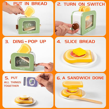 Dorjee Wooden Pop Up Toaster Set 15 Pcs Play Kitchen Playset - Play Toaster Wooden Toy Food Kids Gift Girls & Boys Toddler