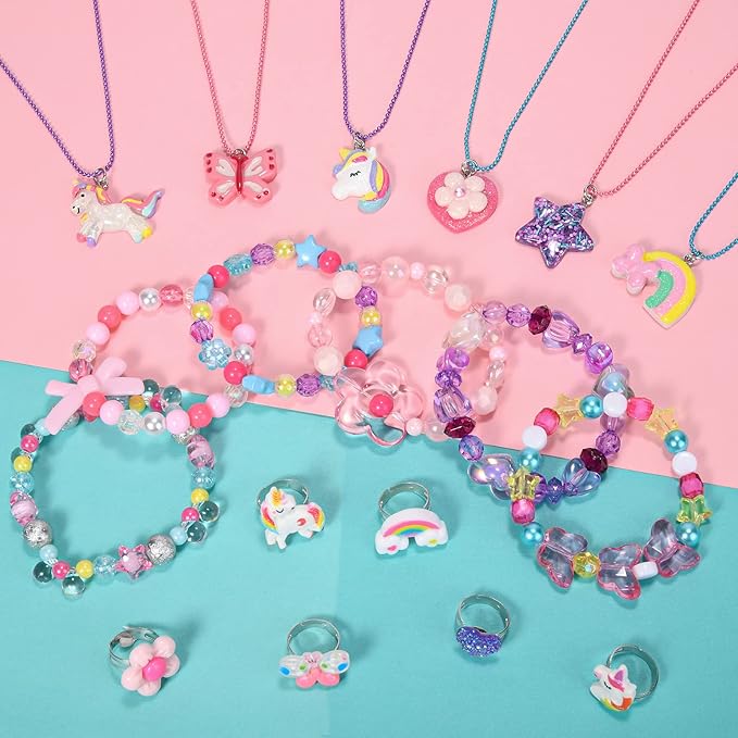 Lorfancy 18 PCS Kids Jewelry for Girls Bracelets Necklaces Rings Set Toddler Unicorn Butterfly Beaded Bracelet adjustable colorful Friendship Dress up Jewelry Gifts (A)