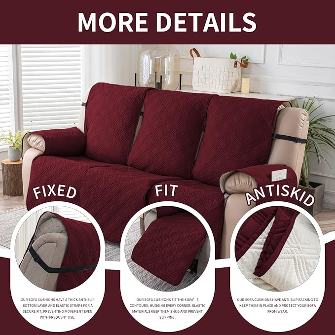 Easehomey Waterproof Recliner Sofa Cover,Non-Slip Reclining Sofa Covers for 3 Seat,Washable Reclining Sofa Cover Furniture Protector with Elastic Straps Pocket for Kids, Pets(Wine Red,3Seat)