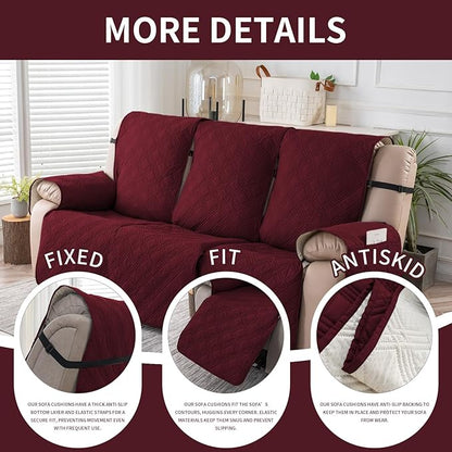 Easehomey Waterproof Recliner Sofa Cover,Non-Slip Reclining Sofa Covers for 3 Seat,Washable Reclining Sofa Cover Furniture Protector with Elastic Straps Pocket for Kids, Pets(Wine Red,3Seat)