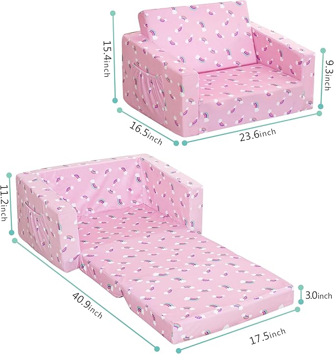 MallBest Kids Sofas Toddler Couch Bed Baby's Upholstered Chair Sleepover Couch Flipout Open Recliner(Pink/Rainbow)…